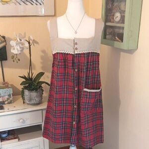 Jingles & Joy Red Plaid Sleeveless Dress with Lace Trim. Holiday. Plaid.